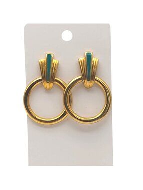 Signed JS Vintage Art Door Knocker Pierced Earrings Green Enamel Gold Tone Hoops